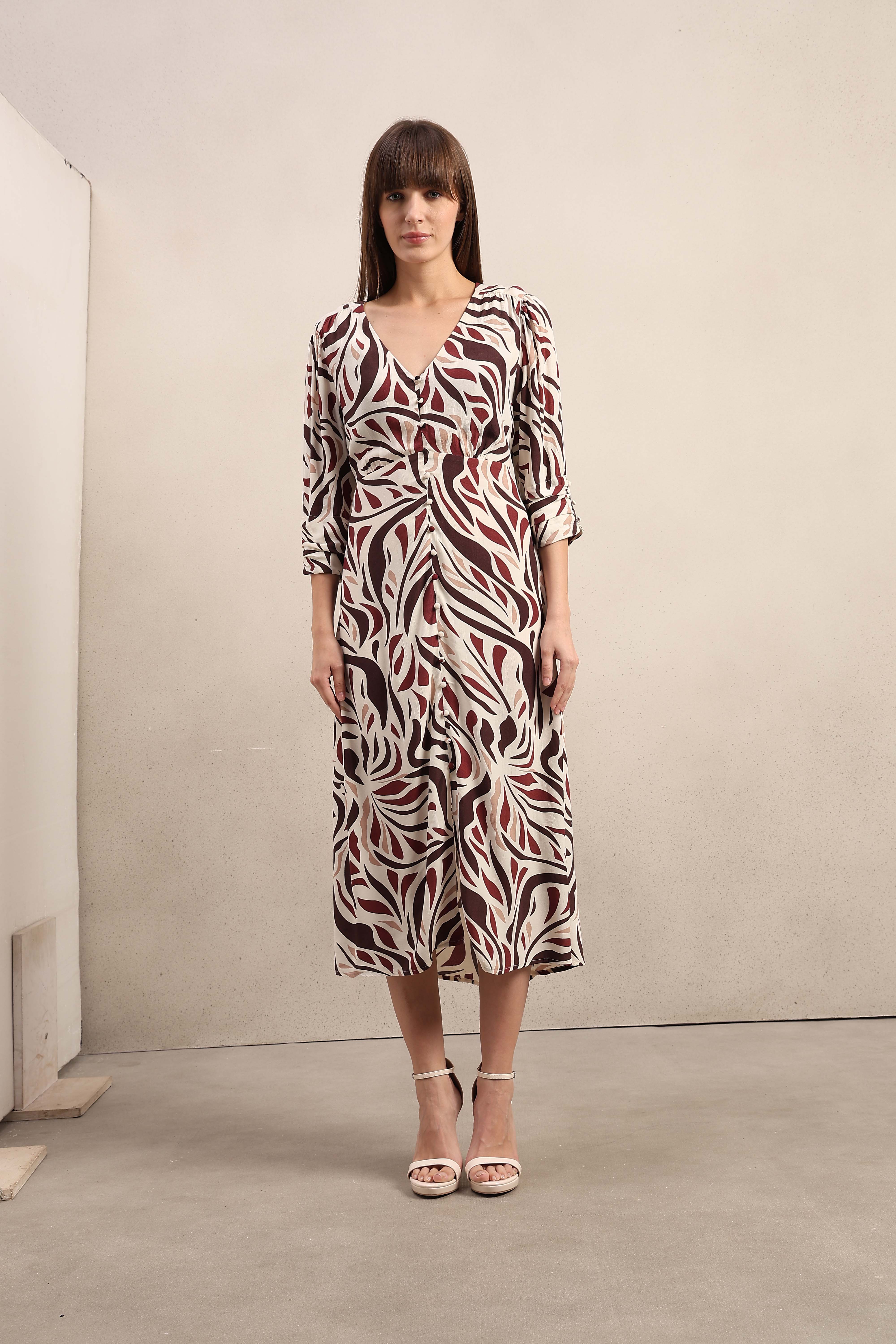 Ecru Printed V-Neck Dress