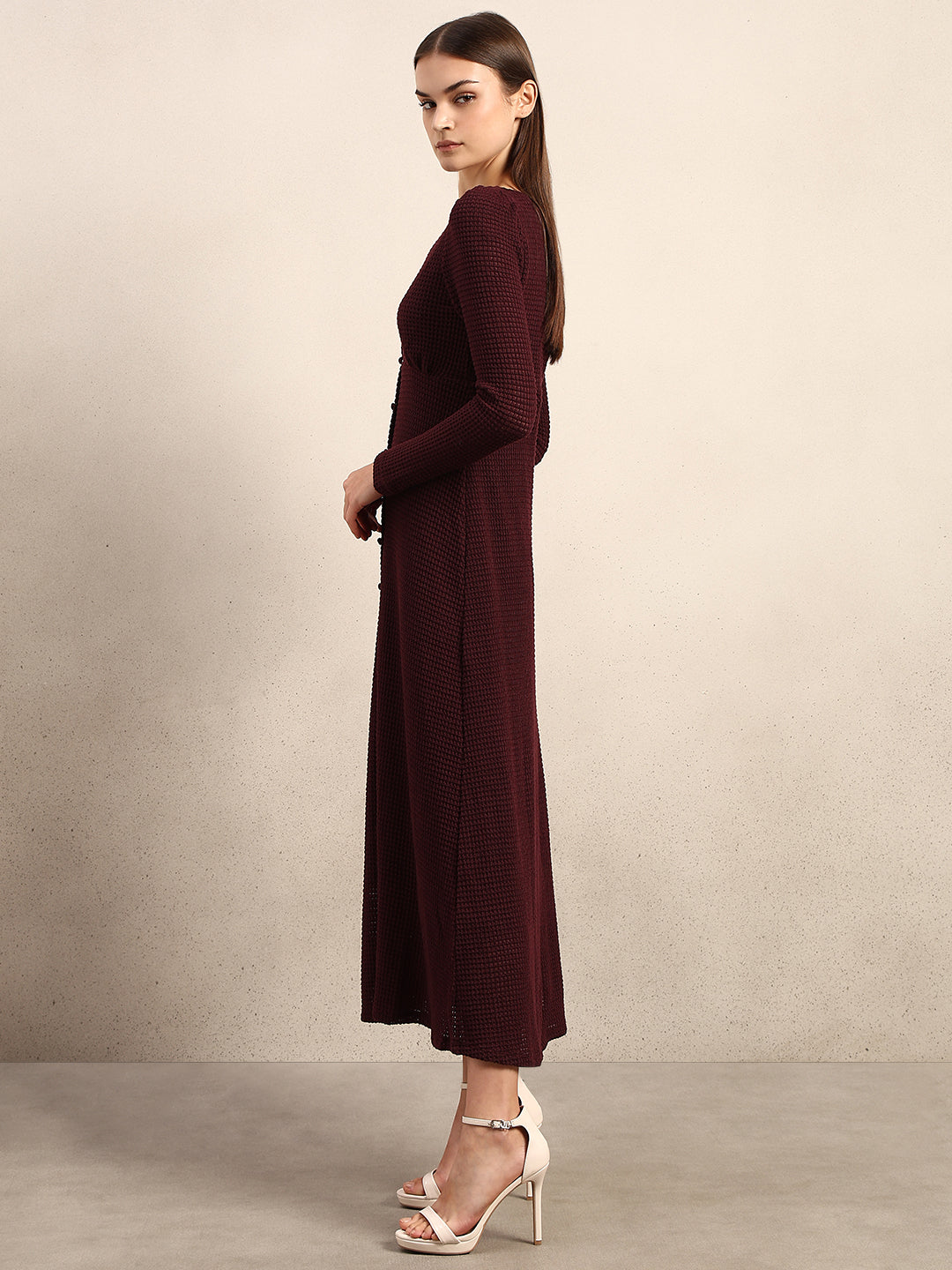 Burgundy Textured Midi Dress
