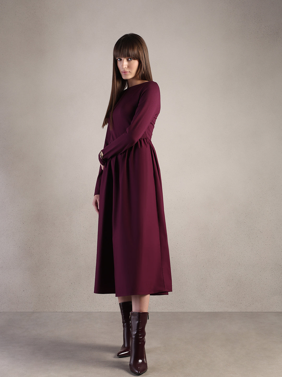 Burgundy Boat Neck Dress