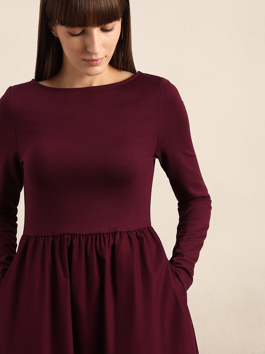 Burgundy Boat Neck Dress
