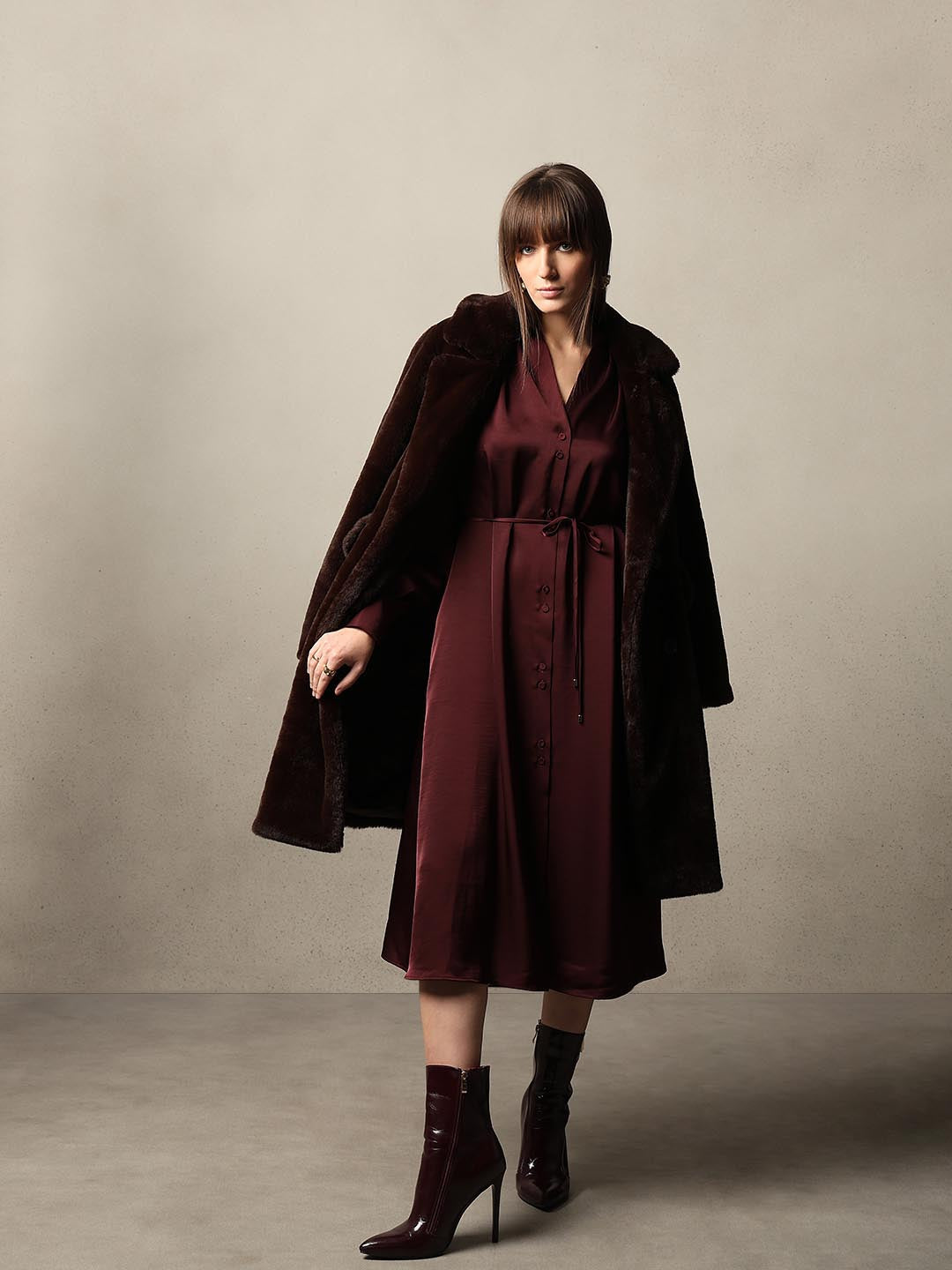 Maroon Satin Midi Dress