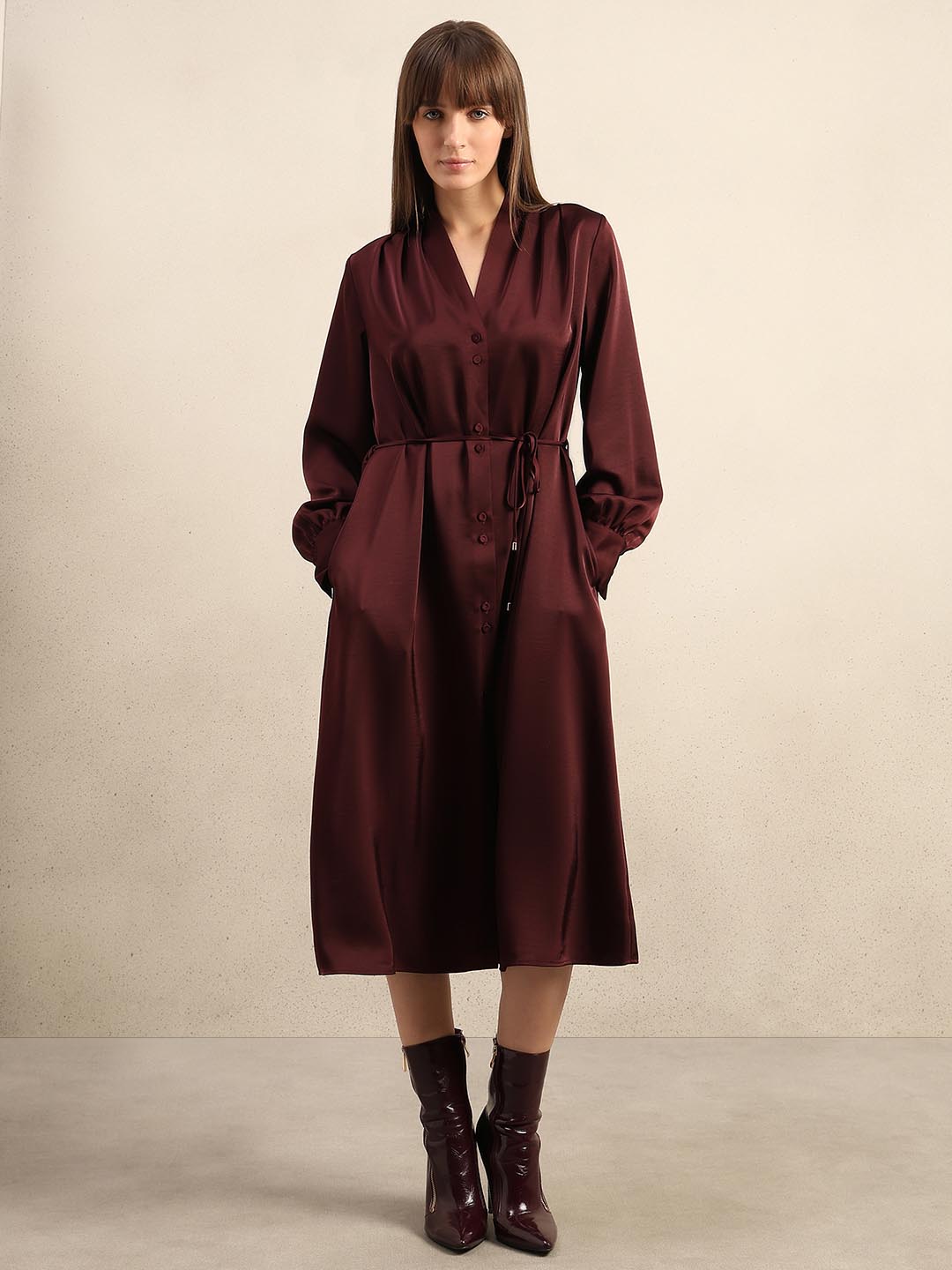 Maroon Satin Midi Dress