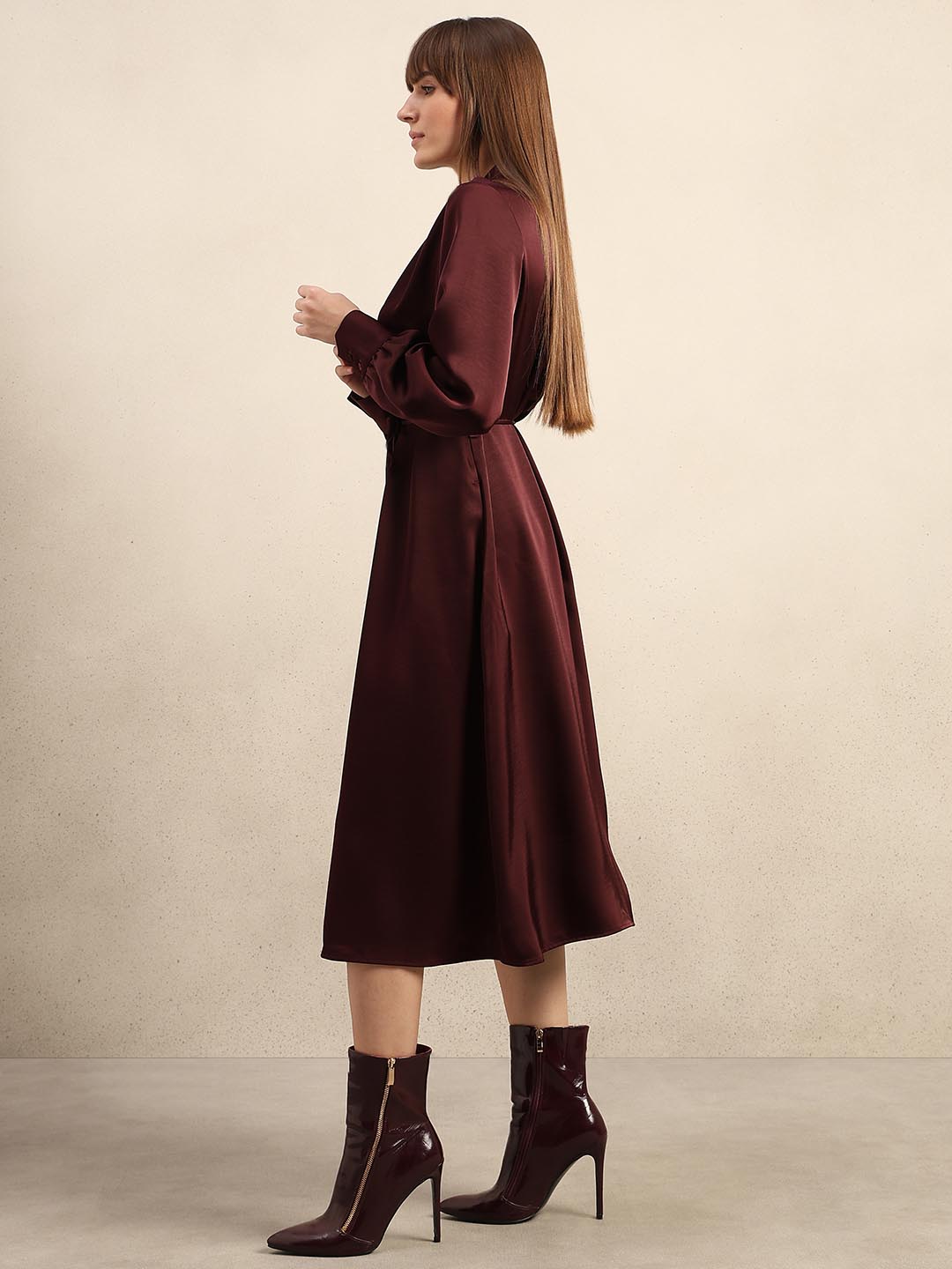 Maroon Satin Midi Dress