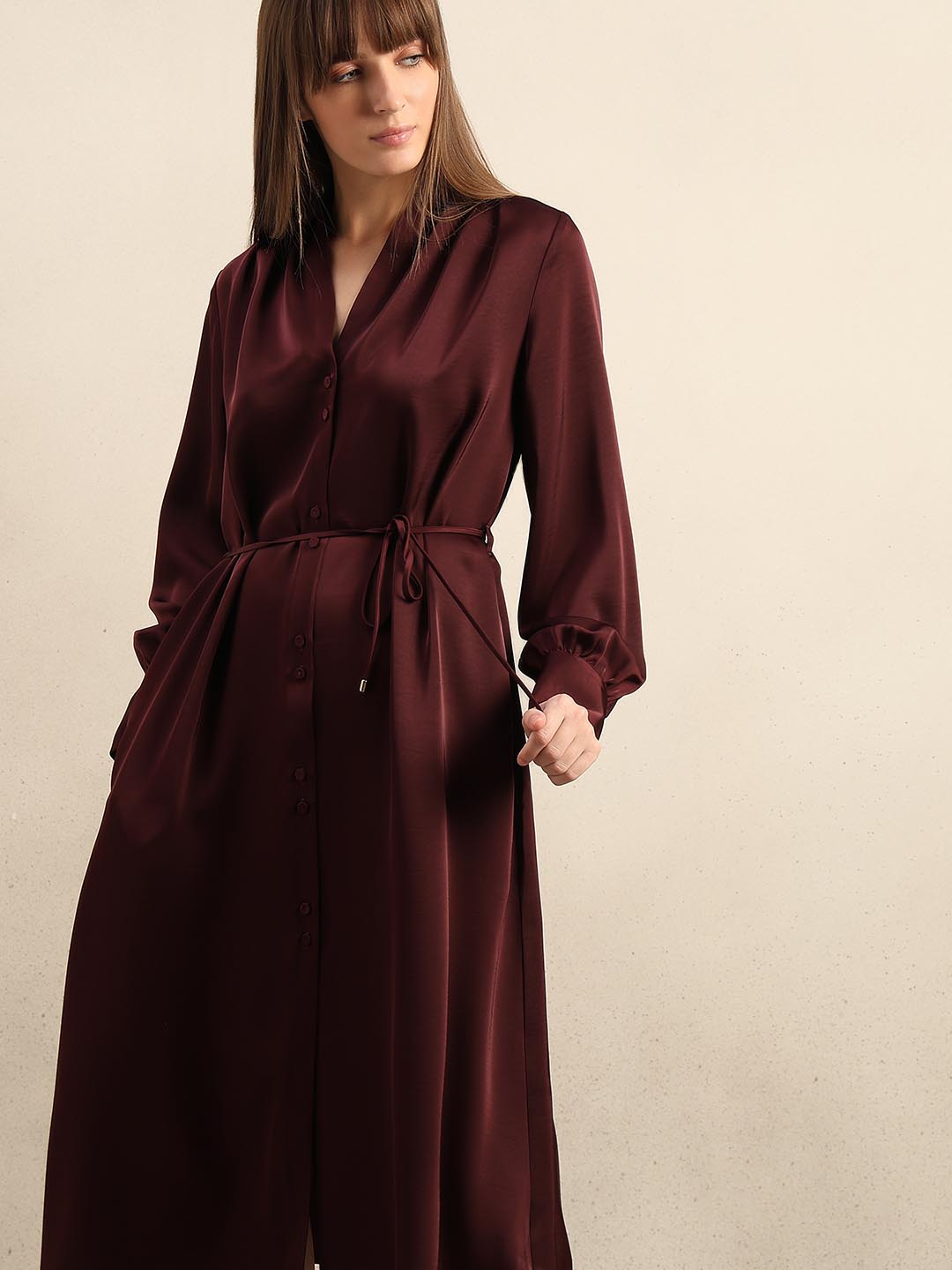 Maroon Satin Midi Dress