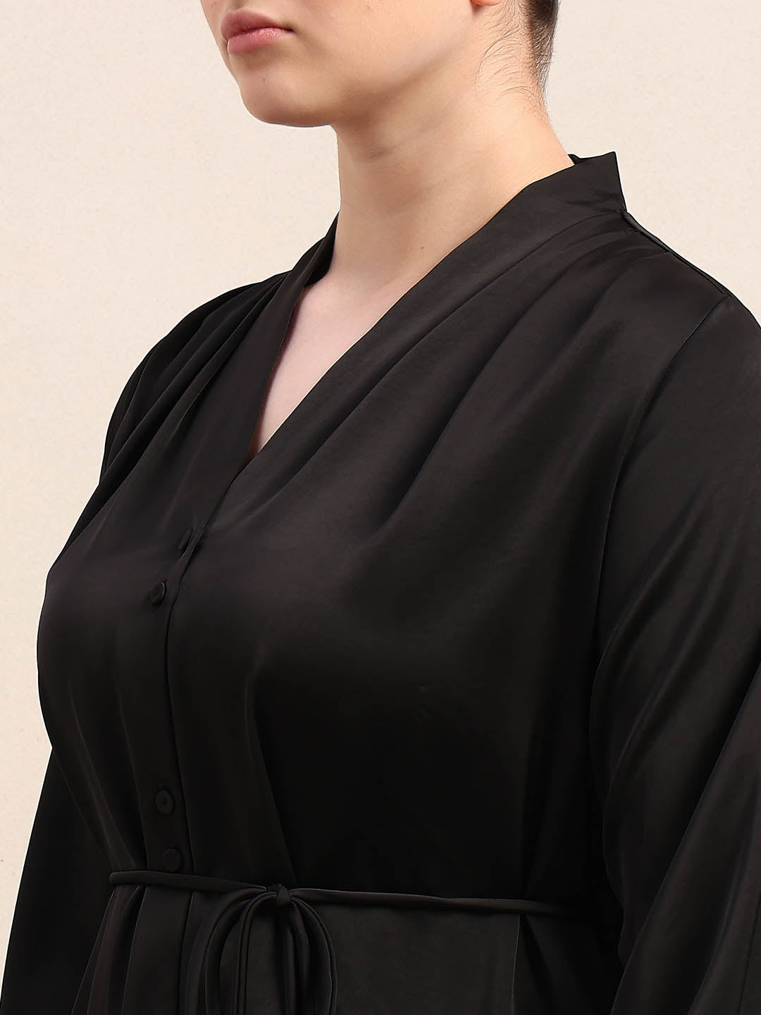 Curve Belted V-Neck Midi Dress - Black