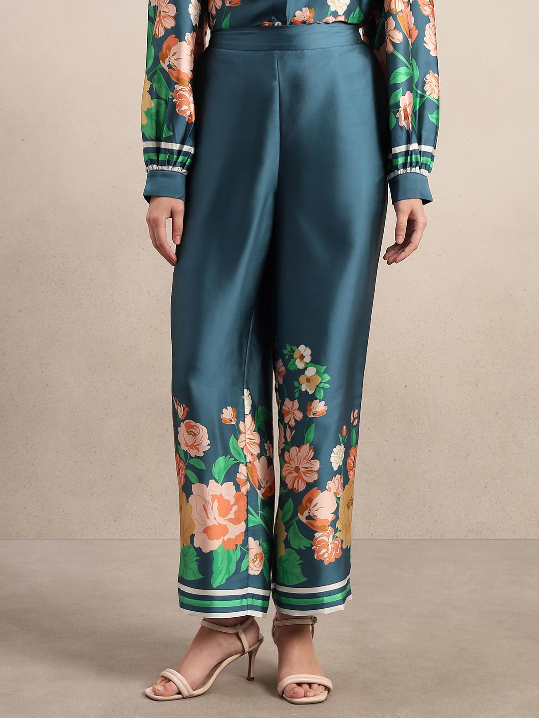 Teal Floral Straight Fit Pants