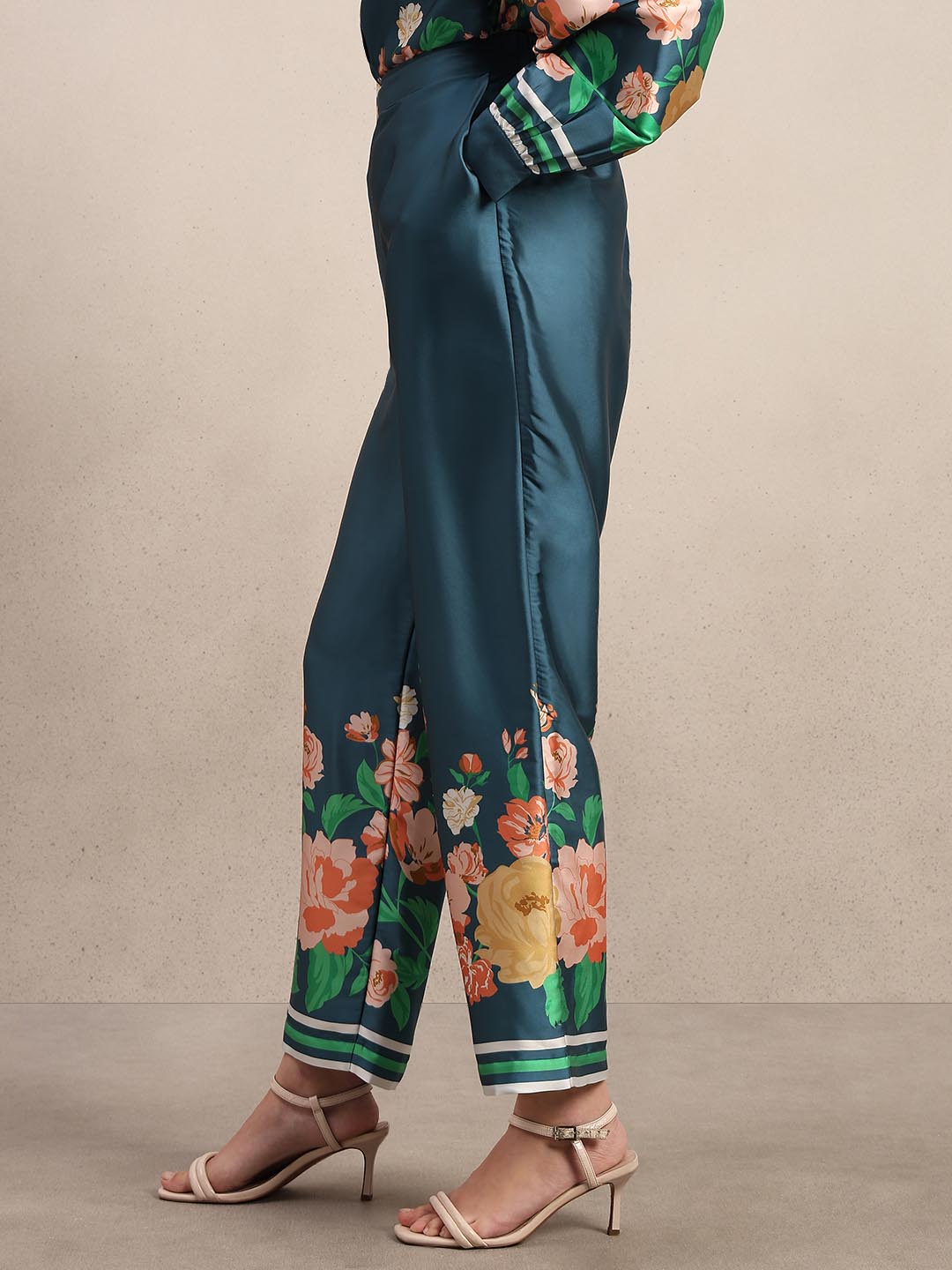 Teal Floral Straight Fit Pants