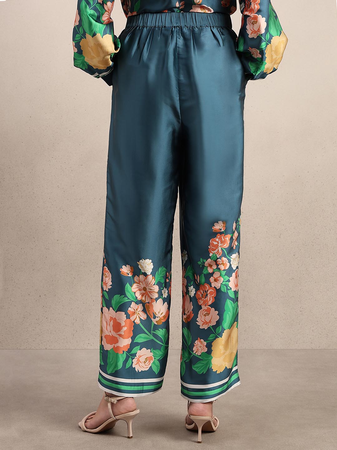 Teal Floral Straight Fit Pants