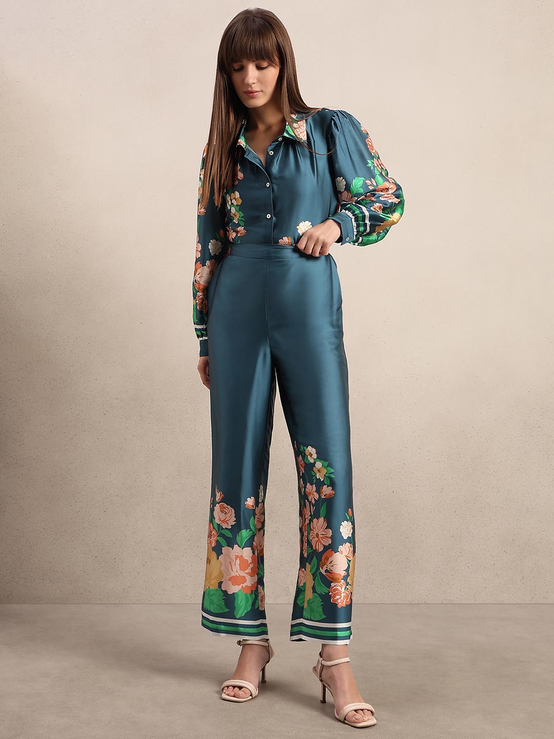 Teal Floral Straight Fit Pants