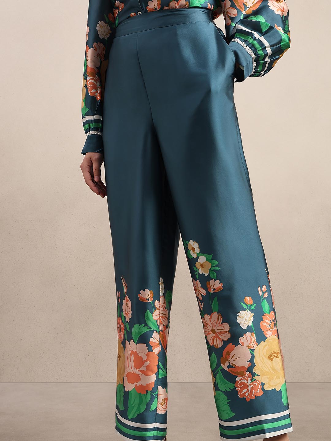 Teal Floral Straight Fit Pants