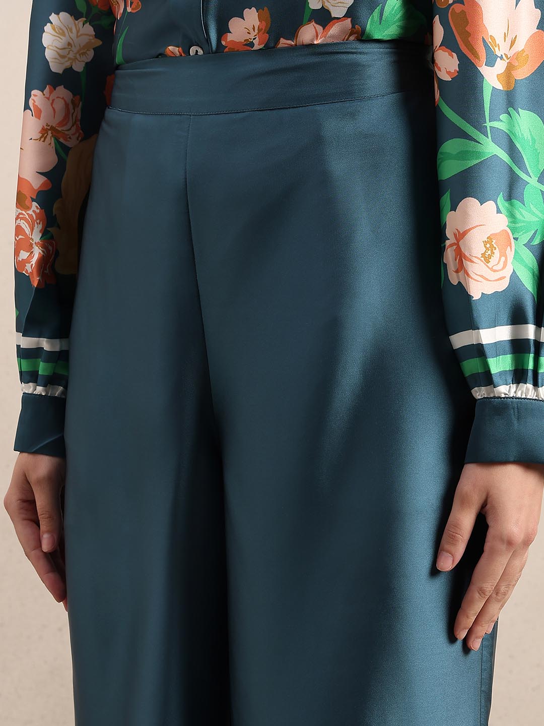 Teal Floral Straight Fit Pants