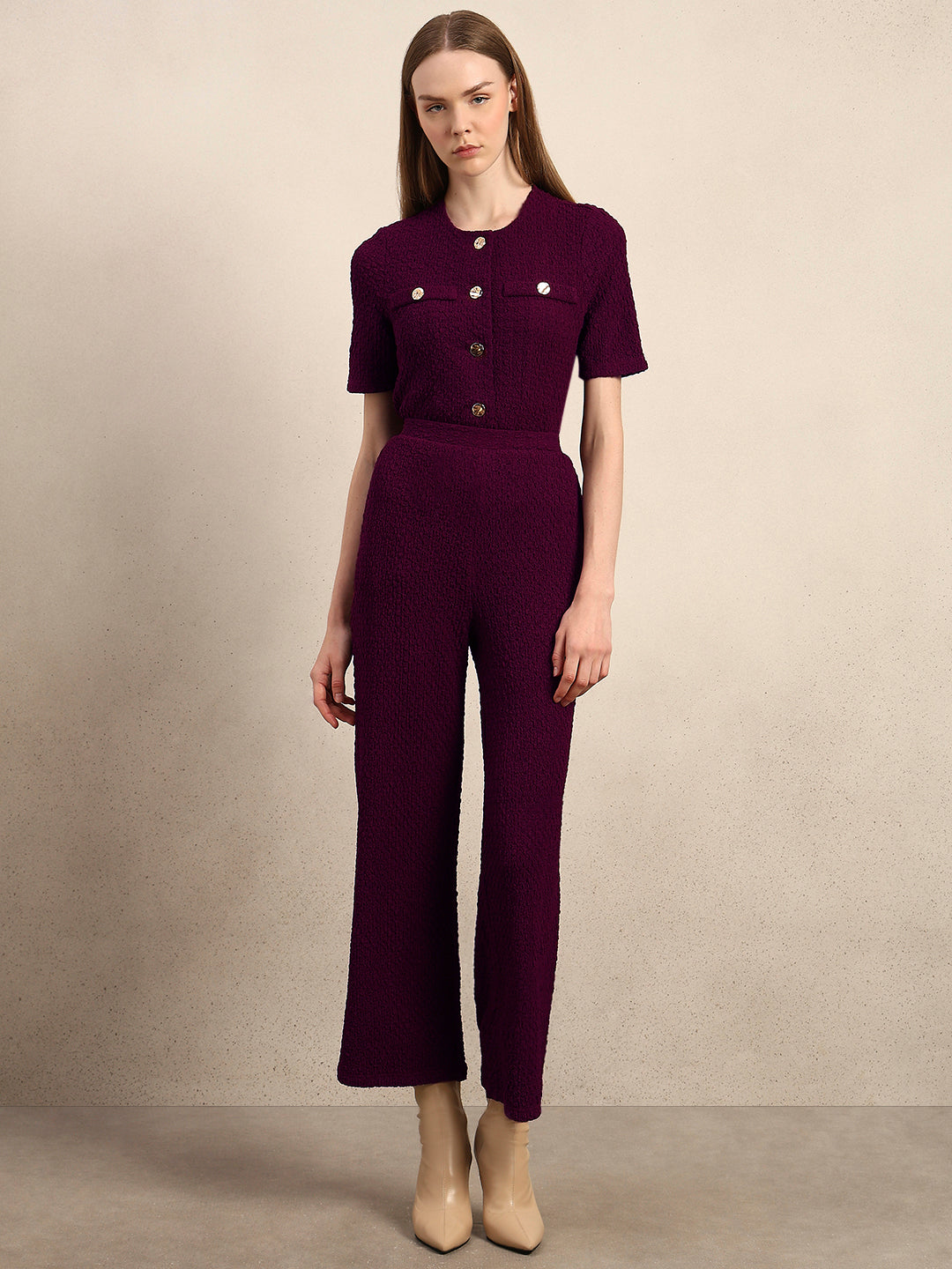 Wide Leg Textured Pants - Purple