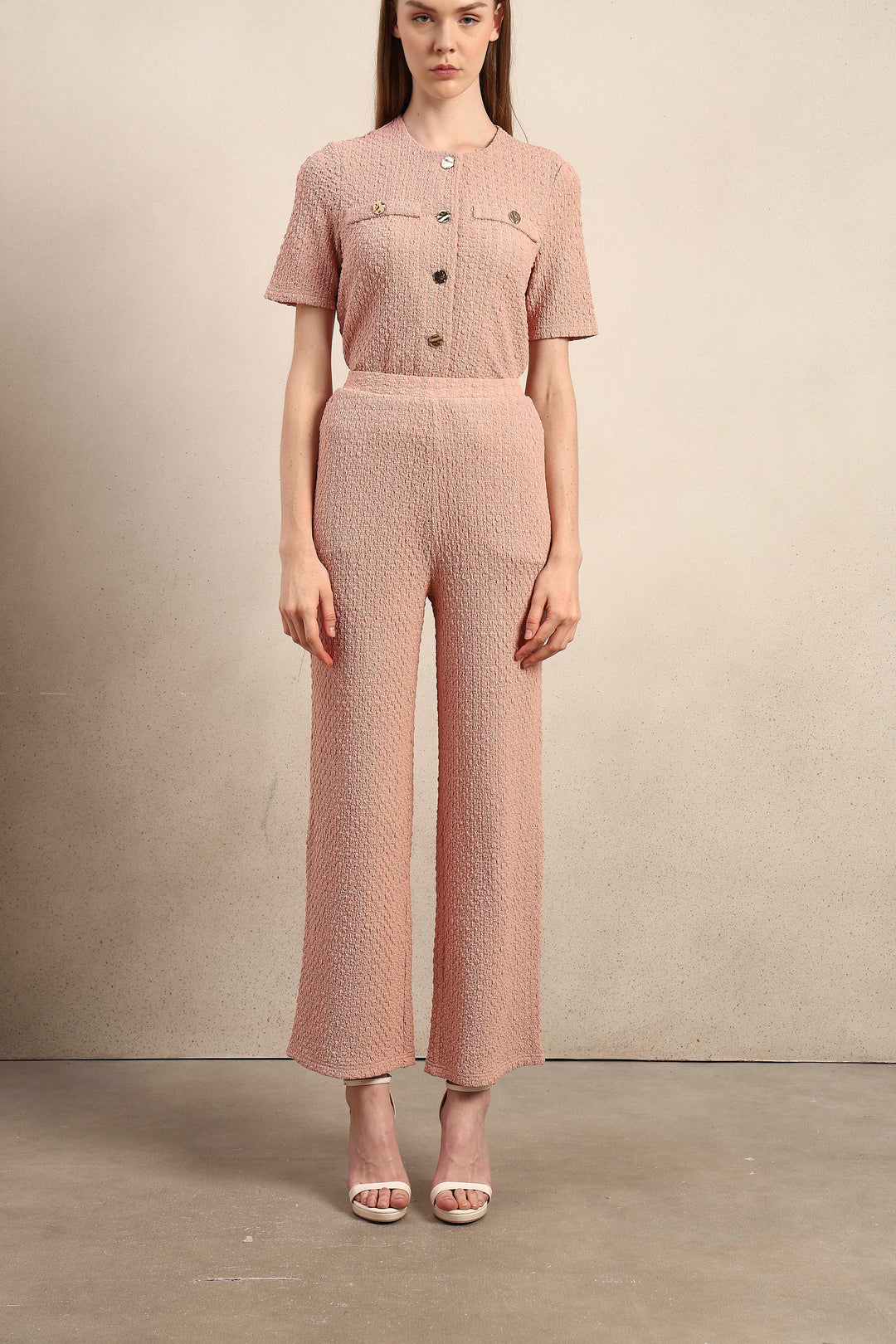 Wide Leg Textured Pants - Pink