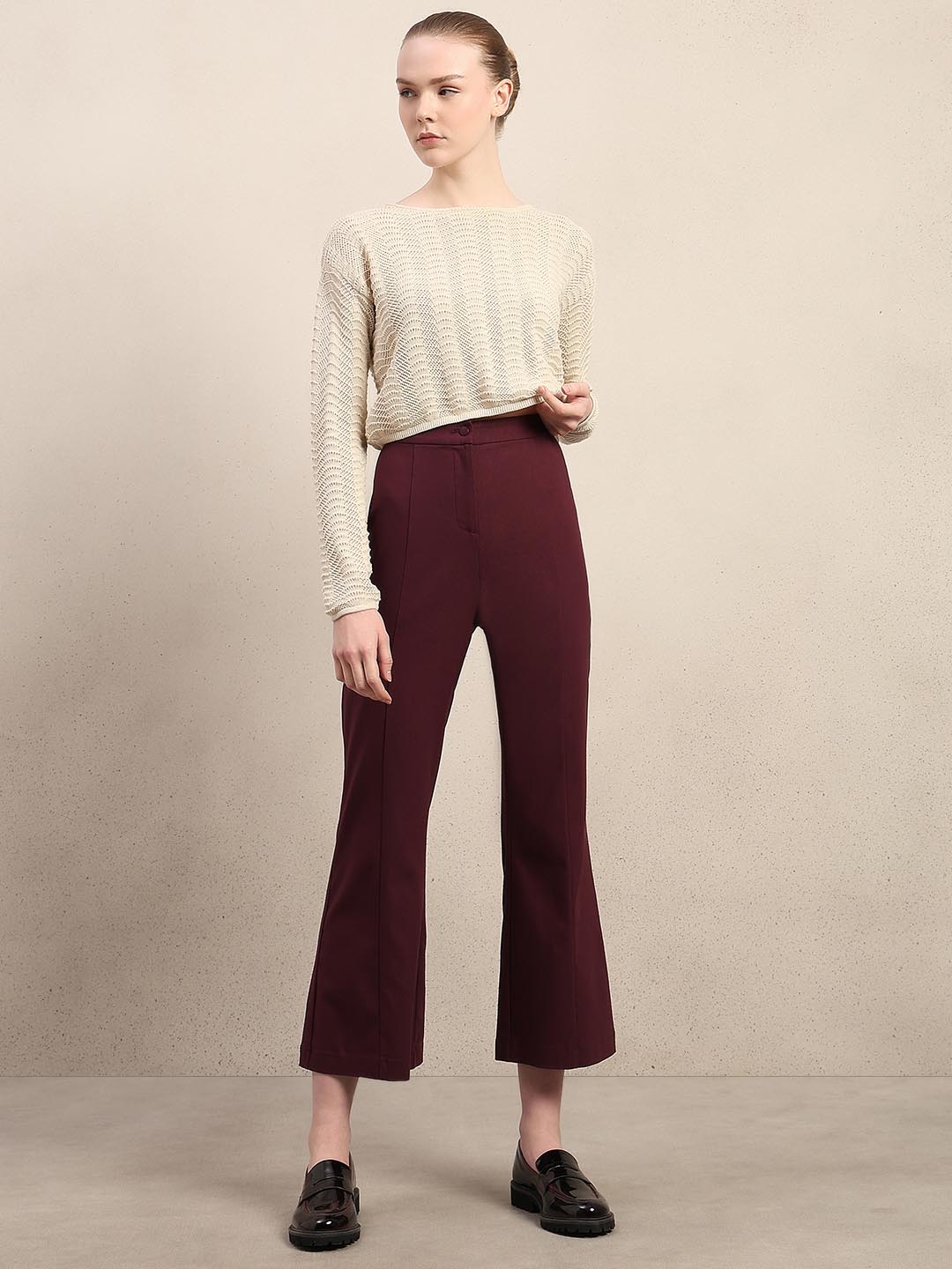 Maroon Ankle Length Bootcut Pants