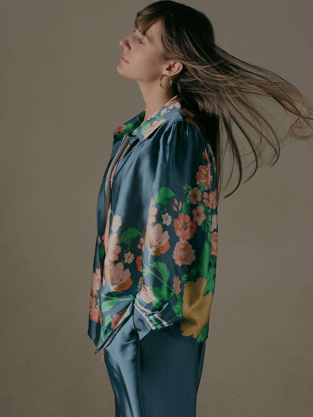 Teal Floral Satin Shirt