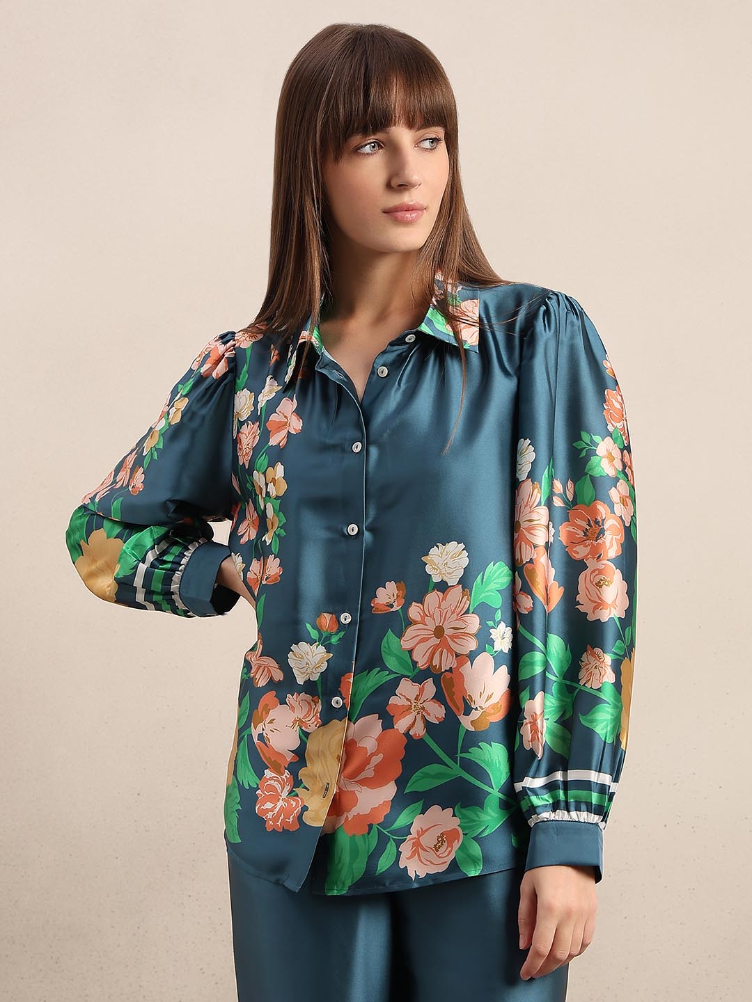 Teal Floral Satin Shirt