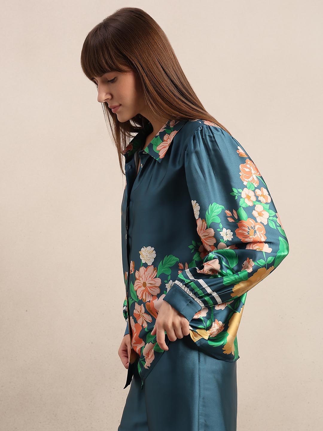 Teal Floral Satin Shirt