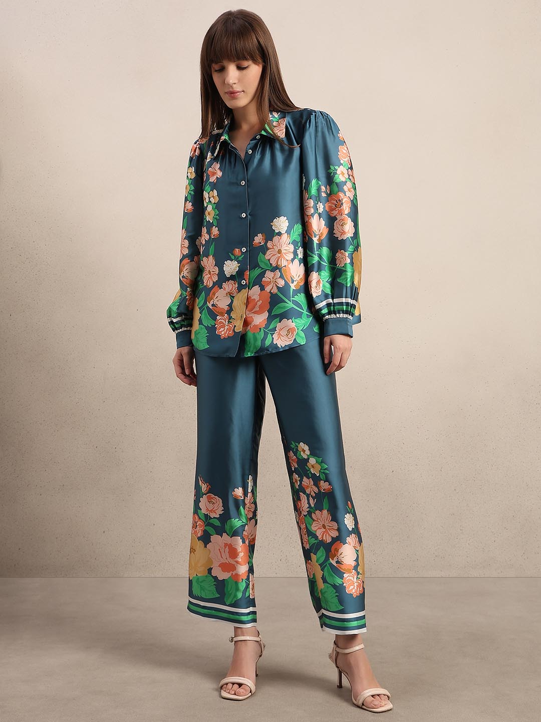 Teal Floral Satin Shirt