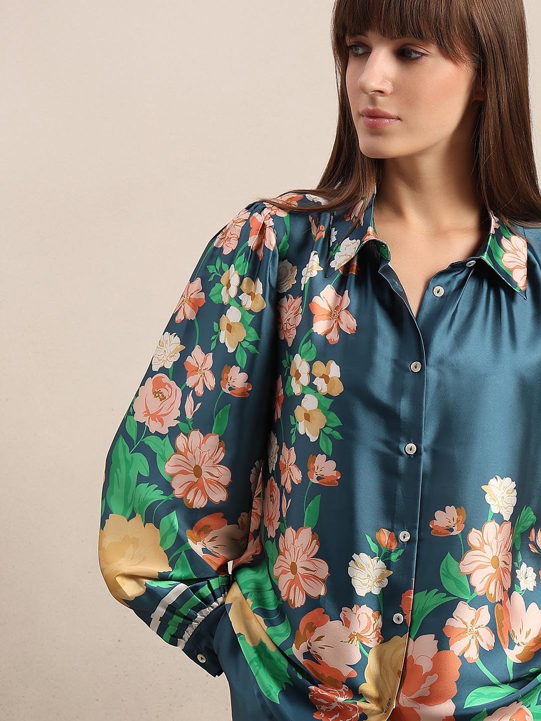 Teal Floral Satin Shirt