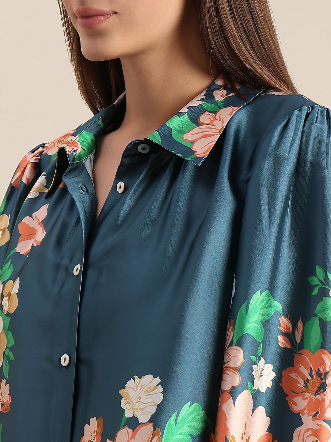 Teal Floral Satin Shirt