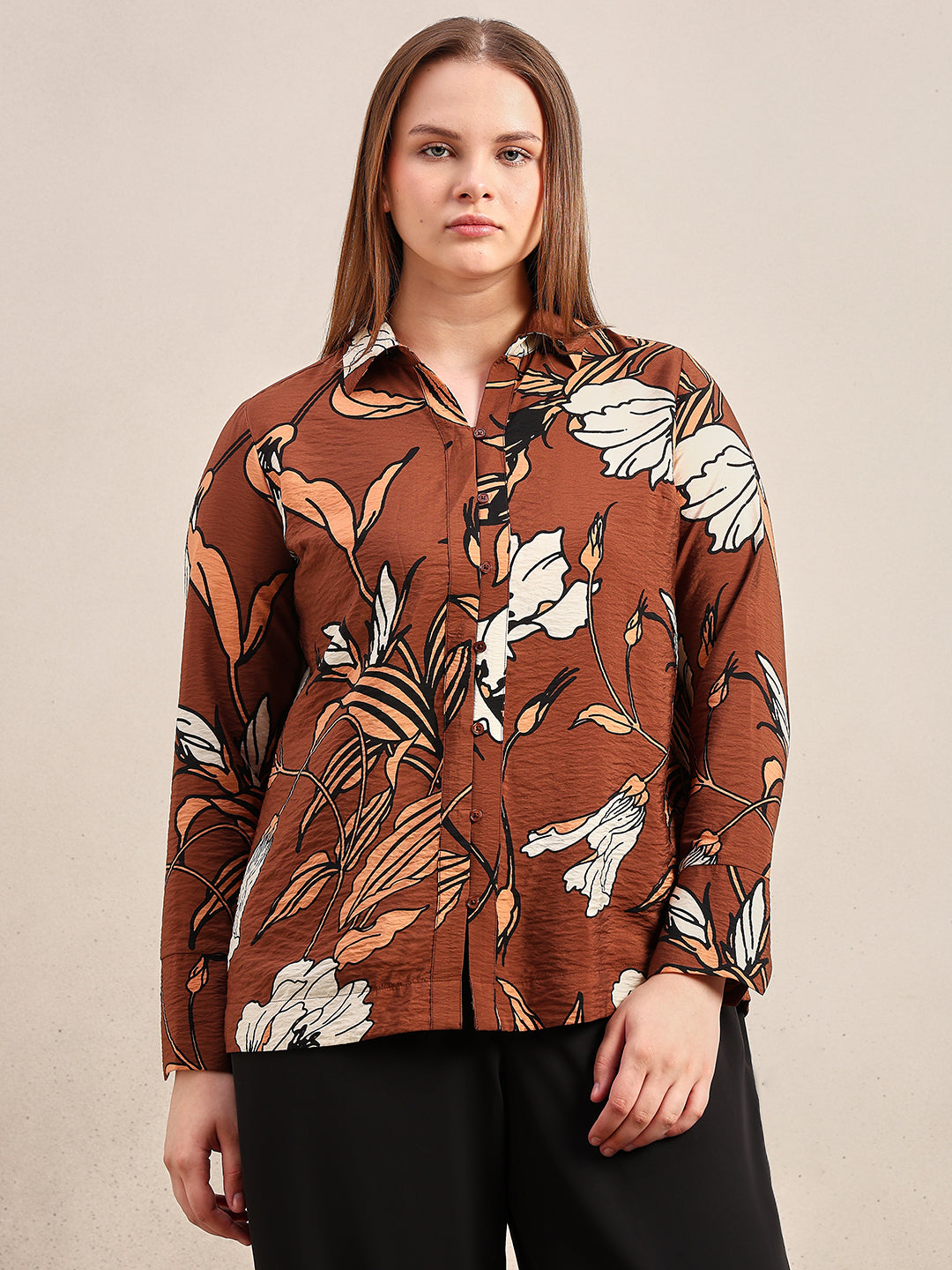 CURVE Dark Brown Floral Shirt