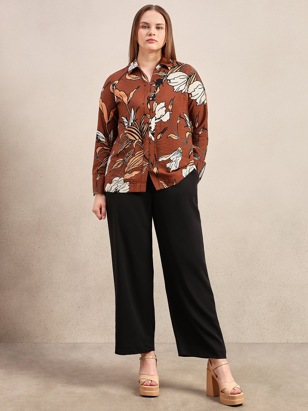 CURVE Dark Brown Floral Shirt