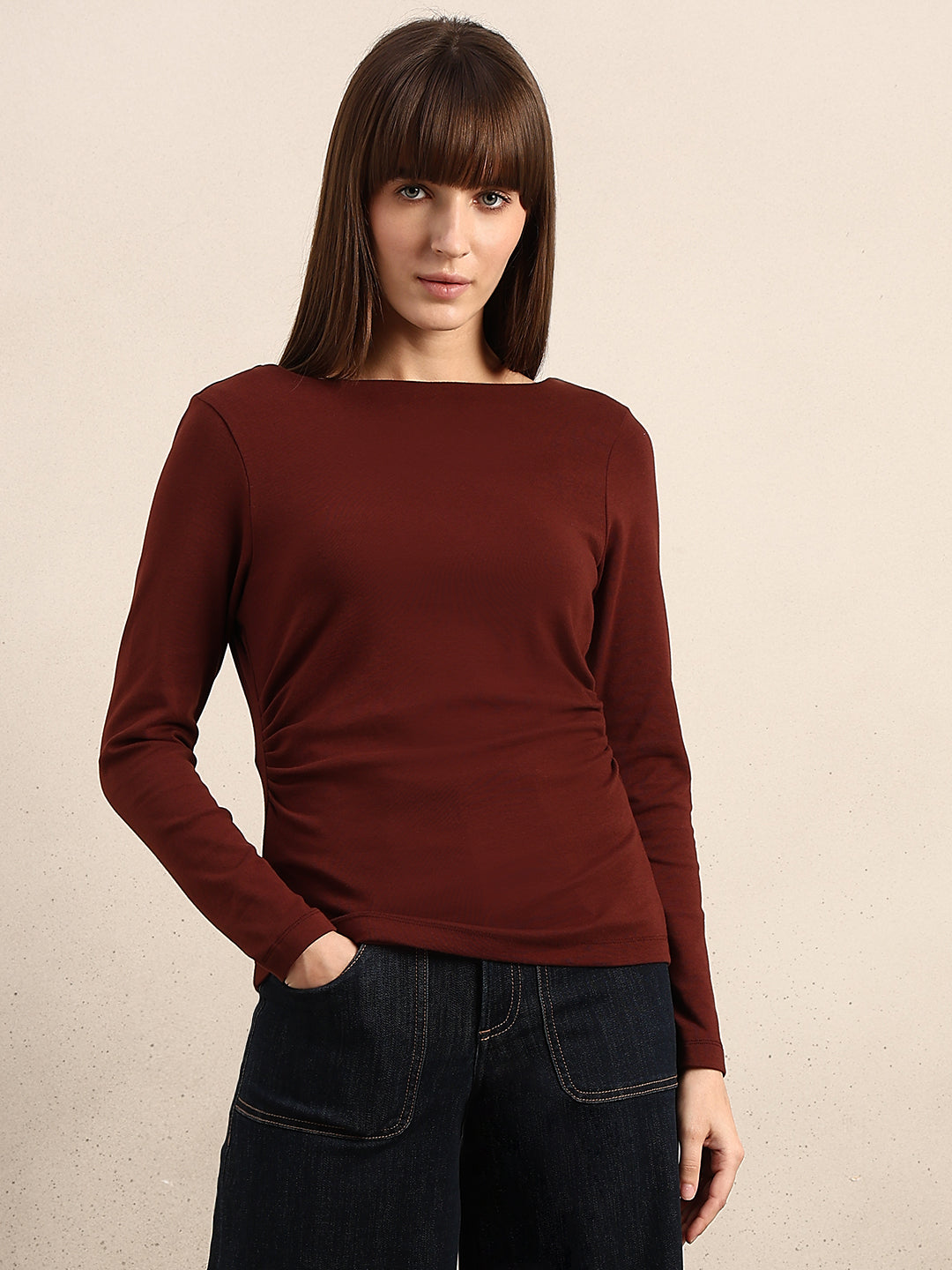 Ruched Boat Neck Top