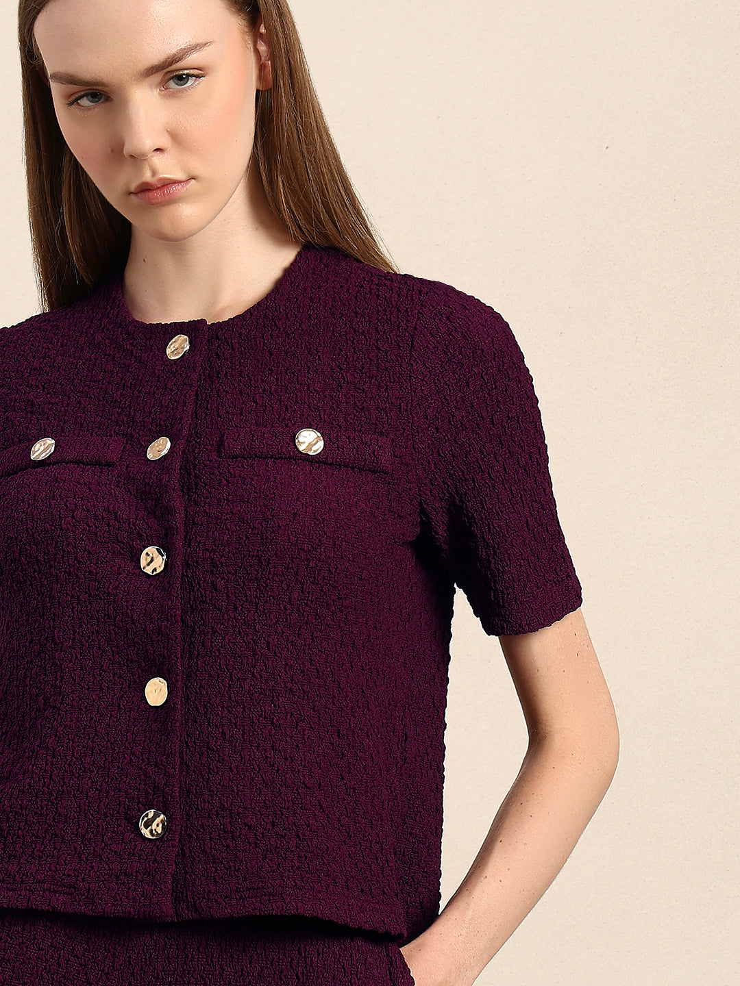Golden Button Textured Knit Top