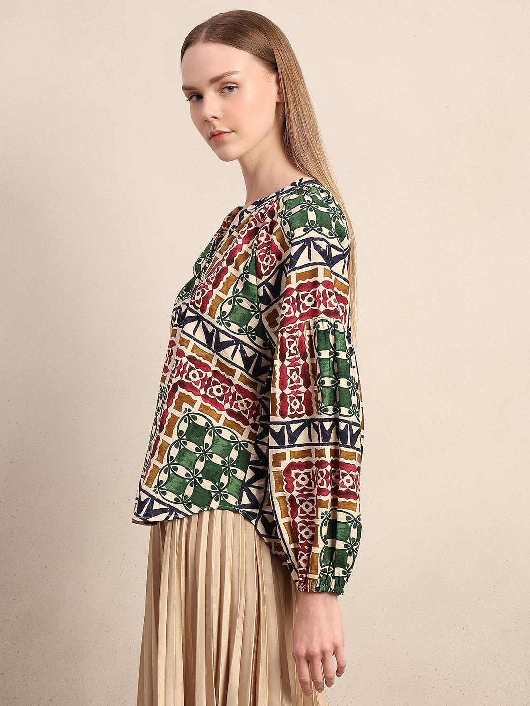 Green Printed Regular Fit Top