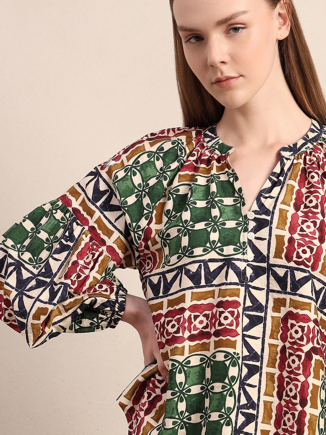 Green Printed Regular Fit Top