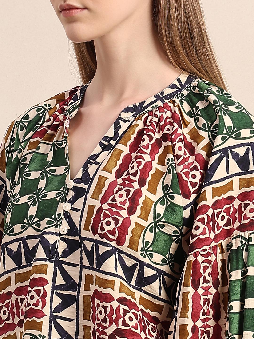 Green Printed Regular Fit Top
