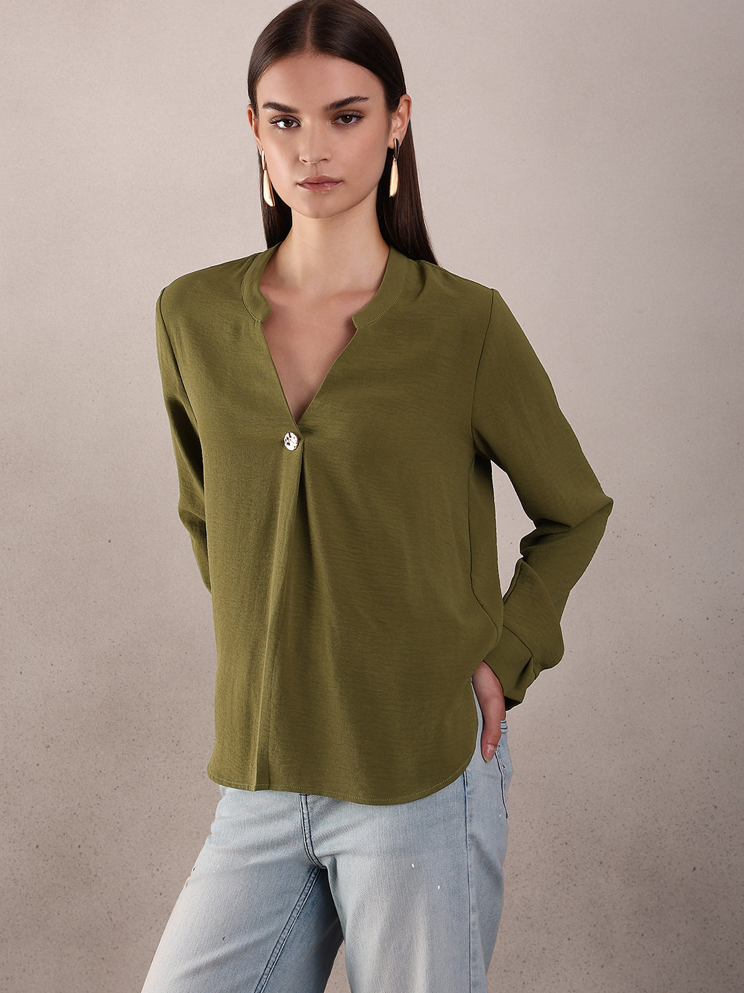 Green Button Detail V-Neck Top