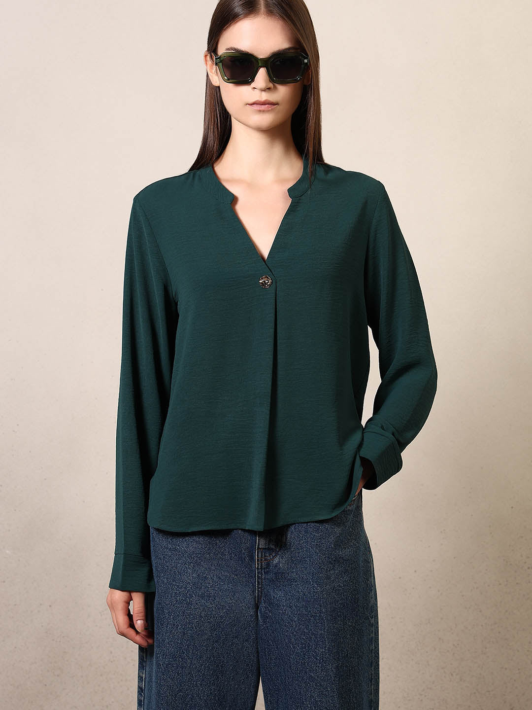 Dark Green V-Neck Top