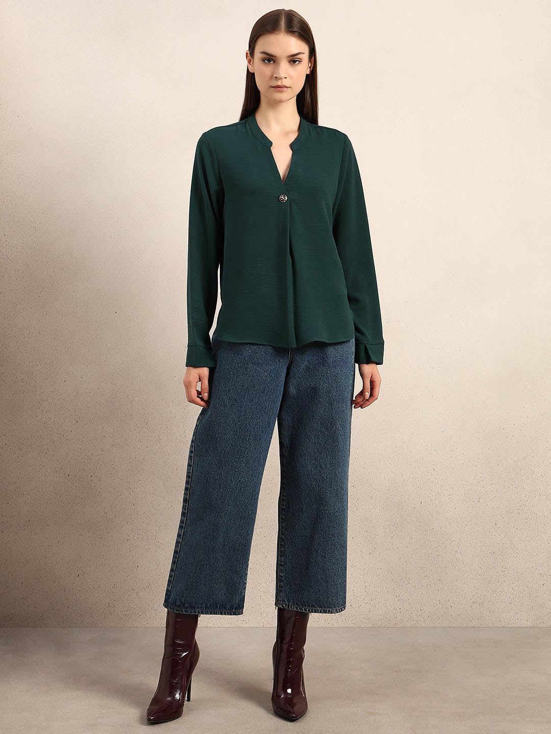 Dark Green V-Neck Top