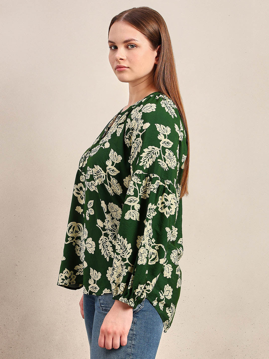 Curve Green Floral V-Neck Top
