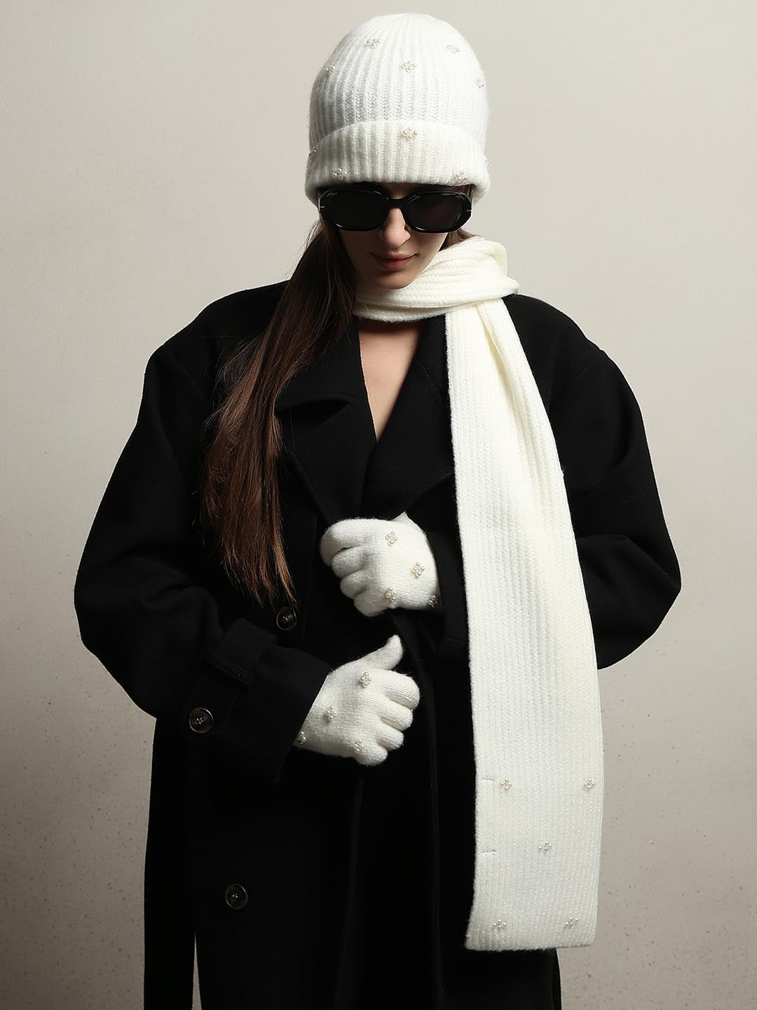 White Pearl Embellished Gloves-Scarf-Beanie Set