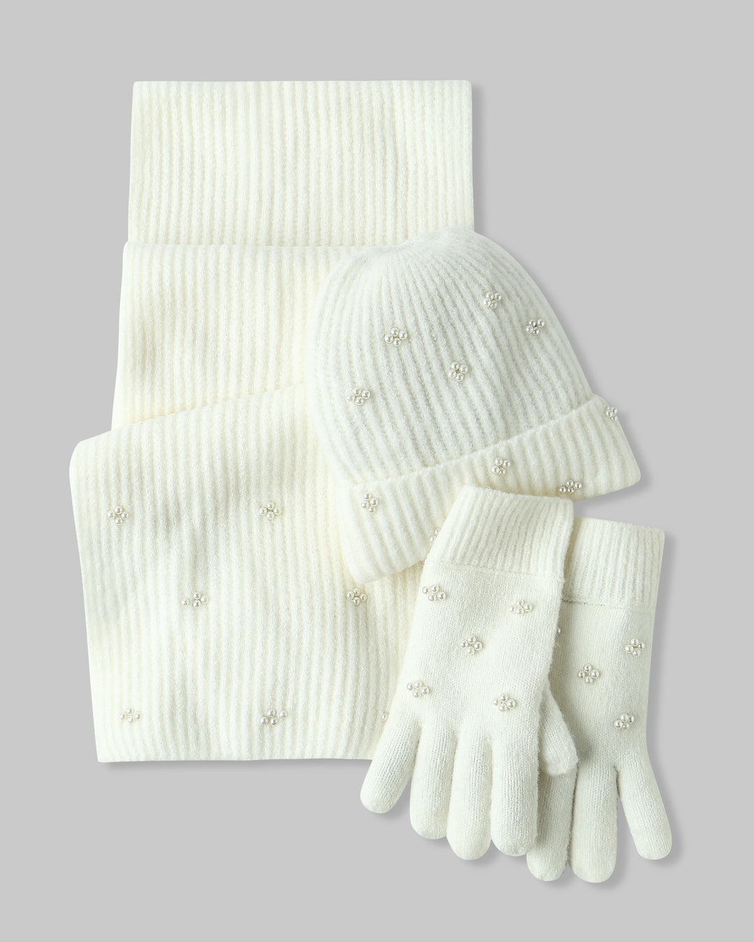 White Pearl Embellished Gloves-Scarf-Beanie Set