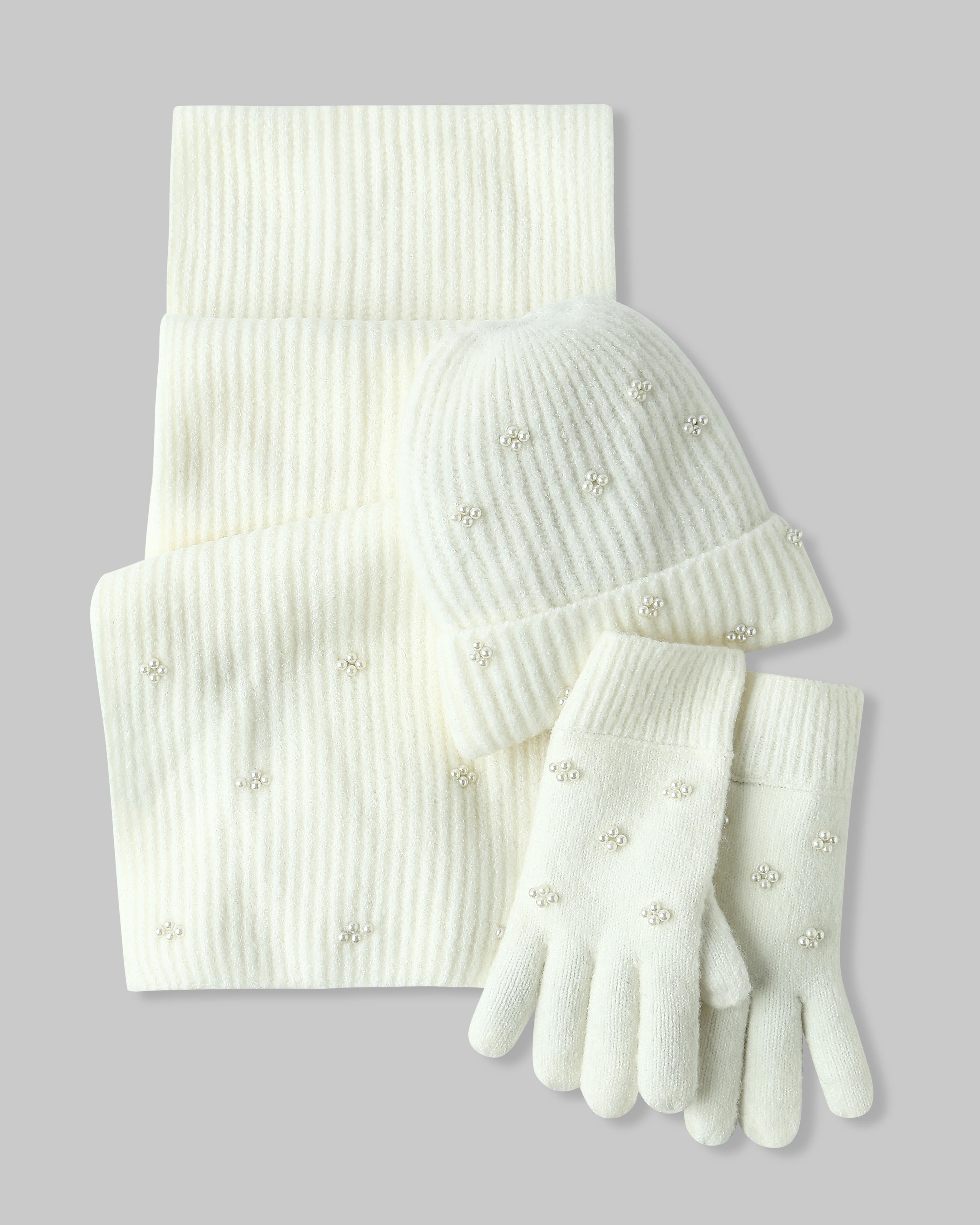White Pearl Embellished Gloves-Scarf-Beanie Set