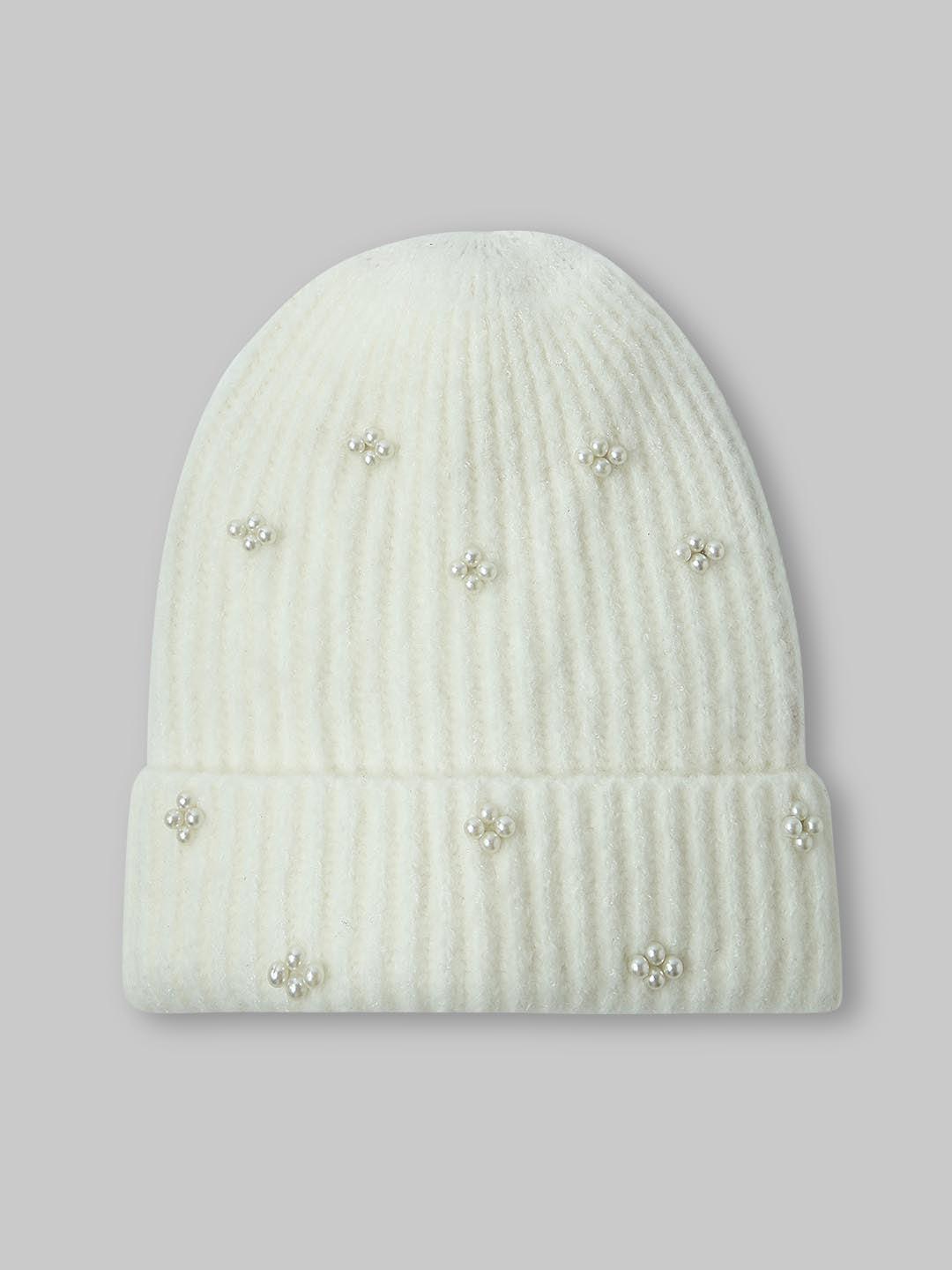 White Pearl Embellished Gloves-Scarf-Beanie Set