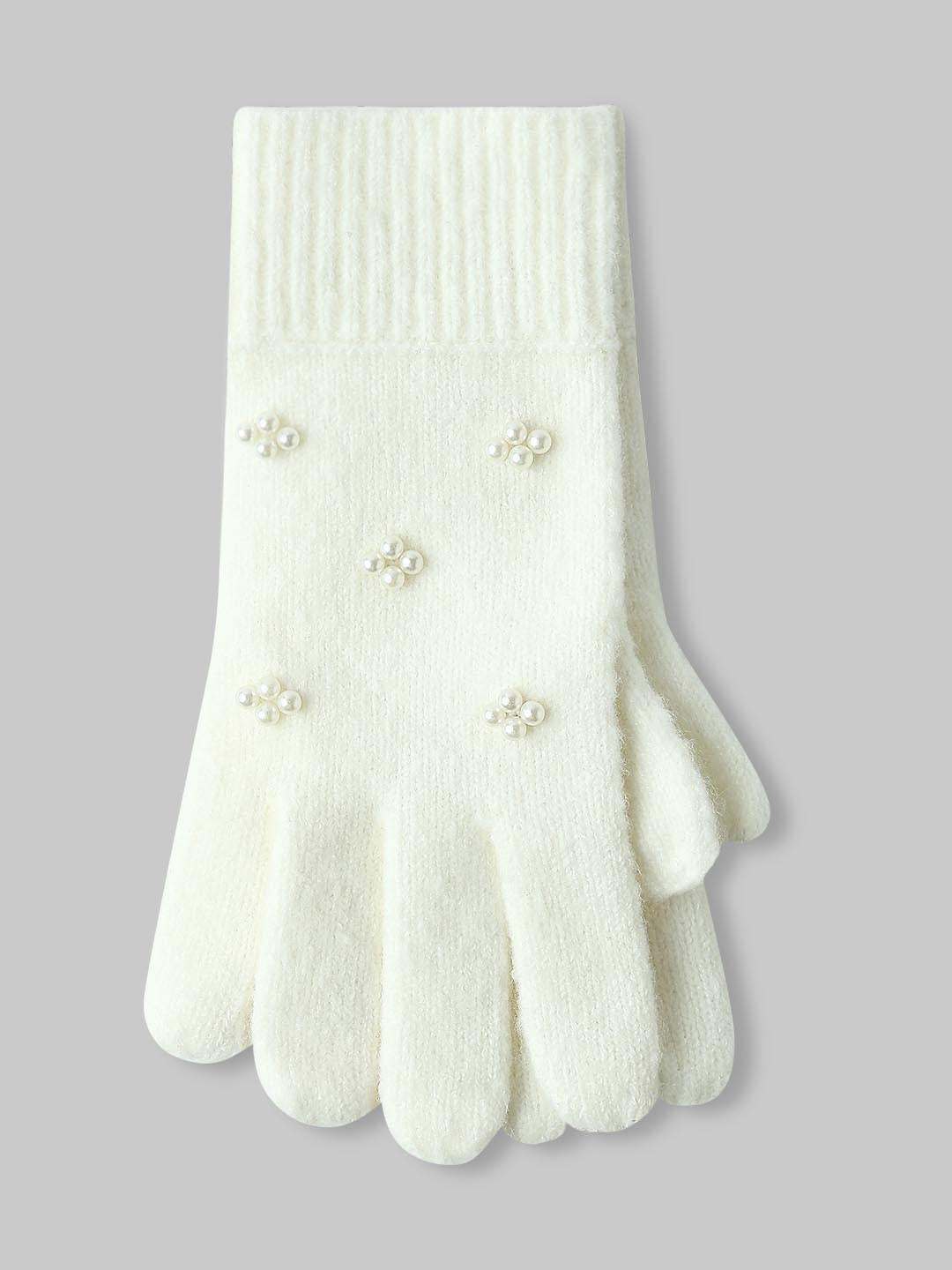 White Pearl Embellished Gloves-Scarf-Beanie Set