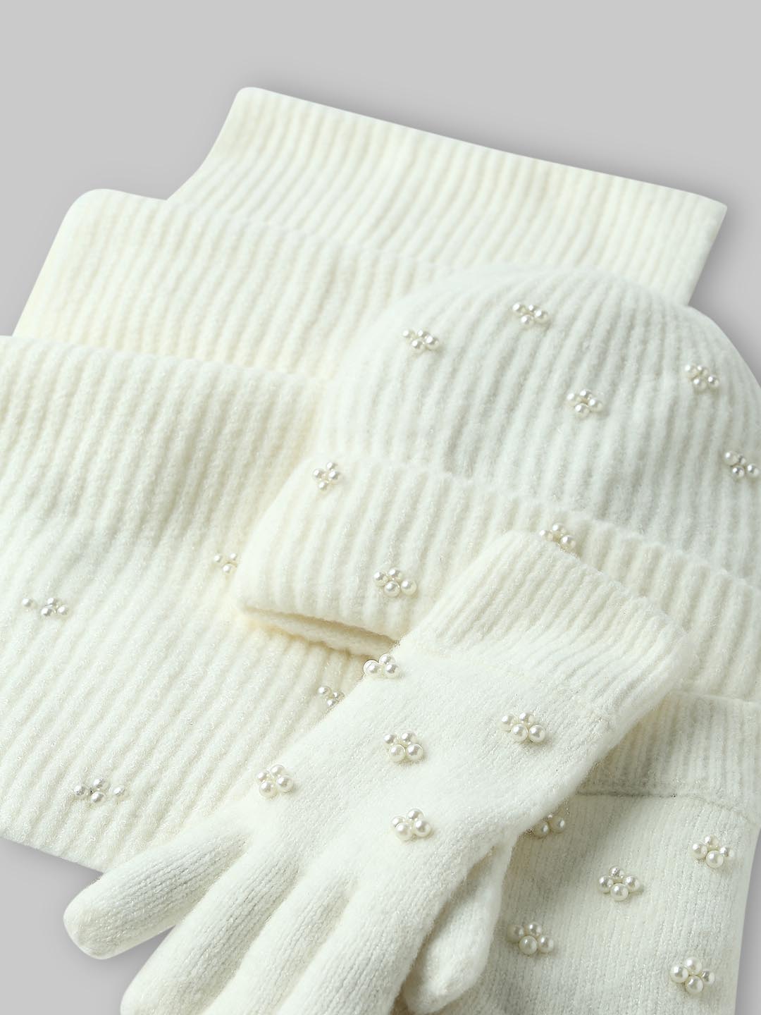 White Pearl Embellished Gloves-Scarf-Beanie Set