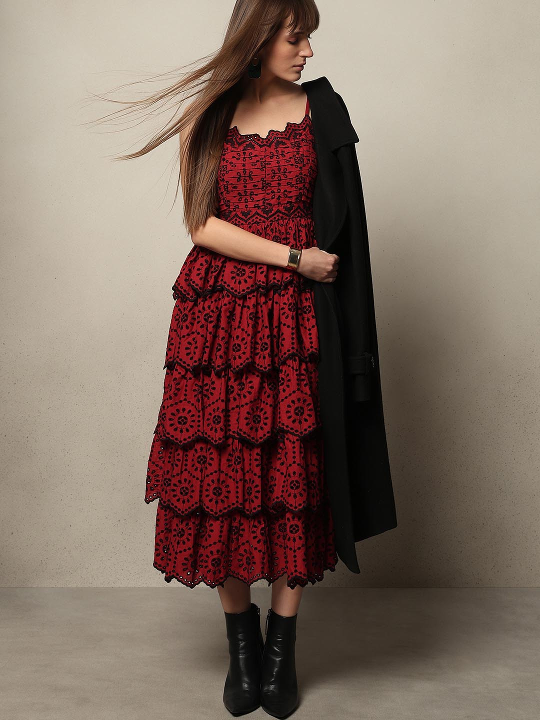 Dark Red Cut-Work Midaxi Dress