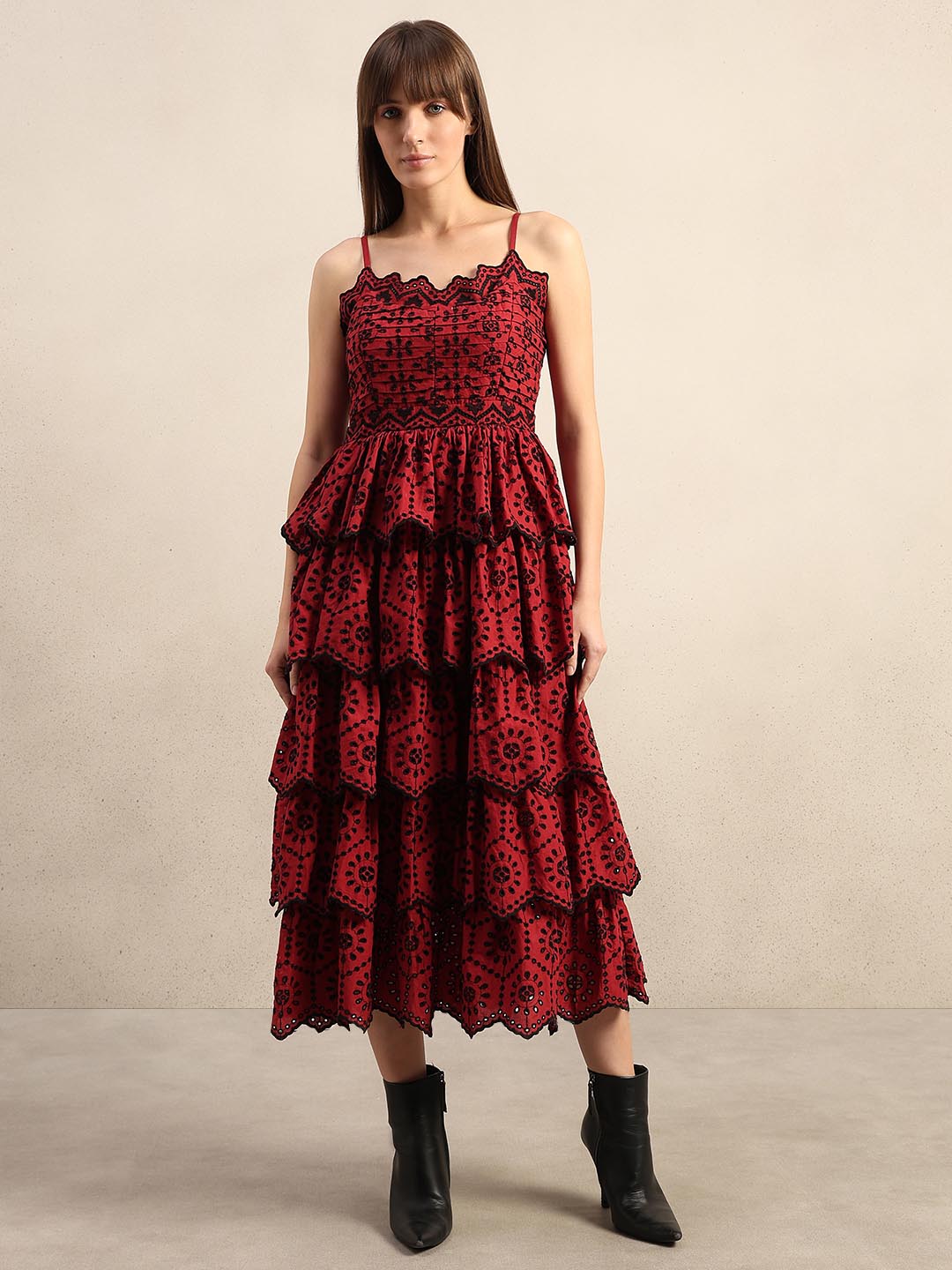 Dark Red Cut-Work Midaxi Dress