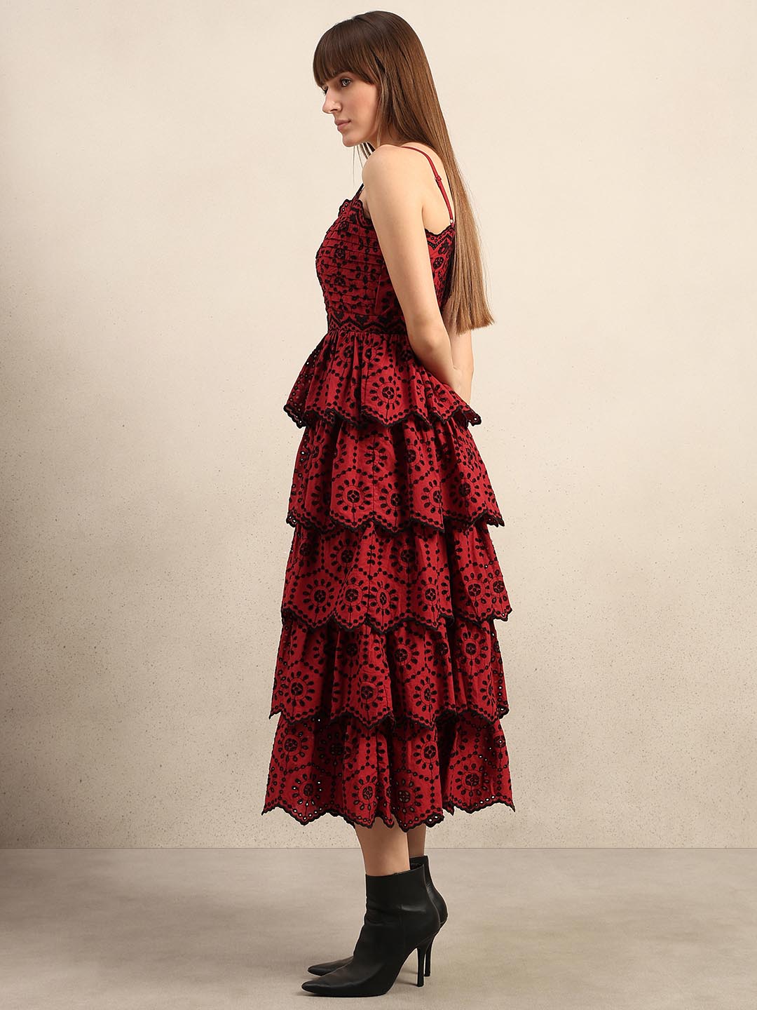 Dark Red Cut-Work Midaxi Dress