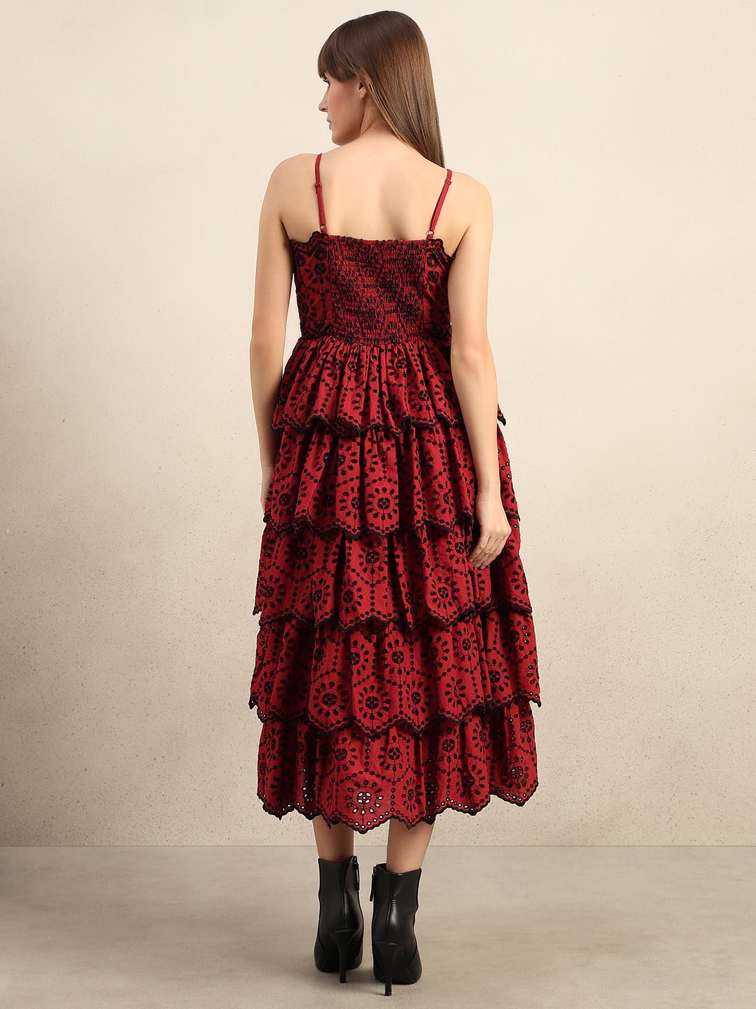 Dark Red Cut-Work Midaxi Dress