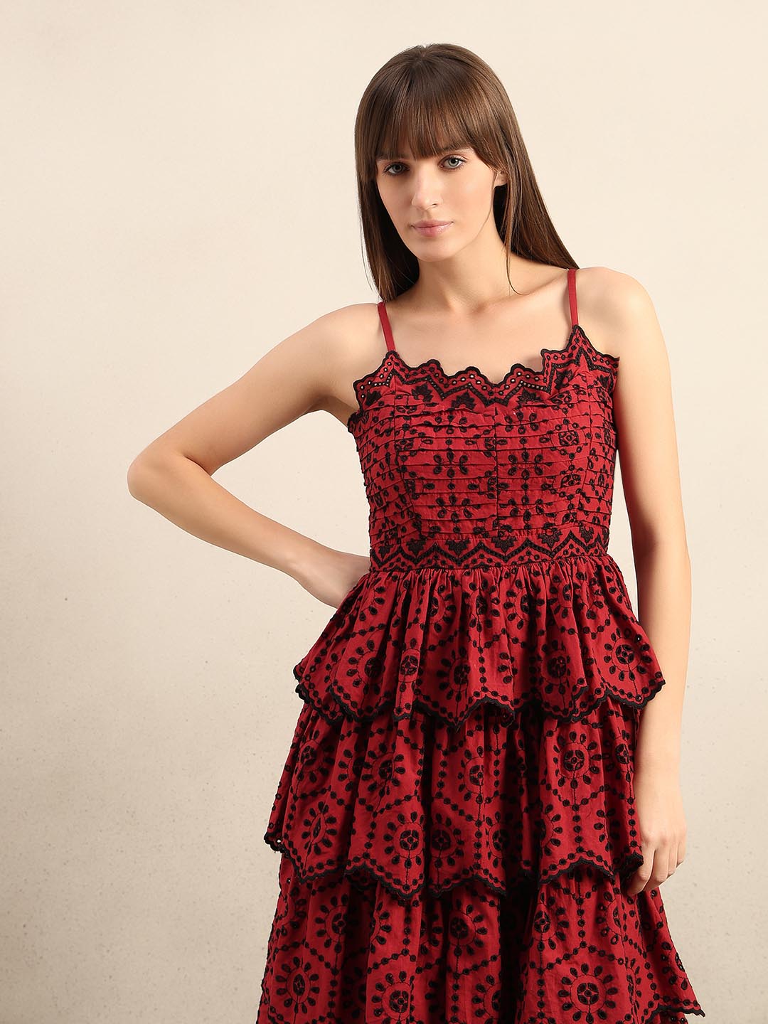 Dark Red Cut-Work Midaxi Dress