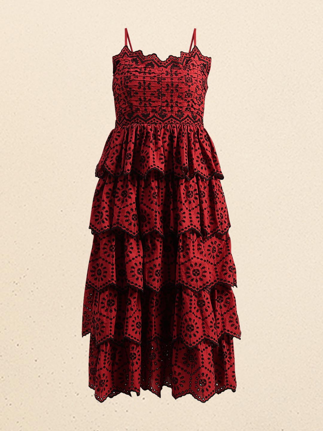 Dark Red Cut-Work Midaxi Dress