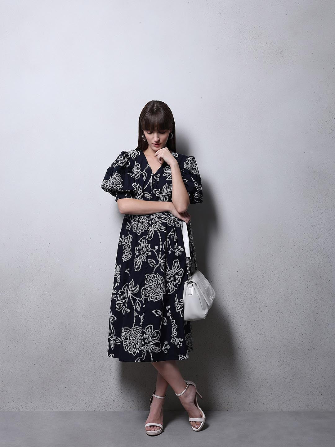 Navy Blue Printed Midi Dress