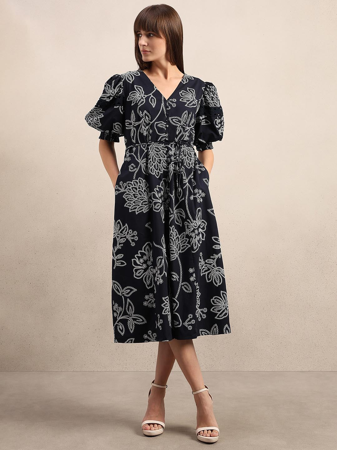 Navy Blue Printed Midi Dress