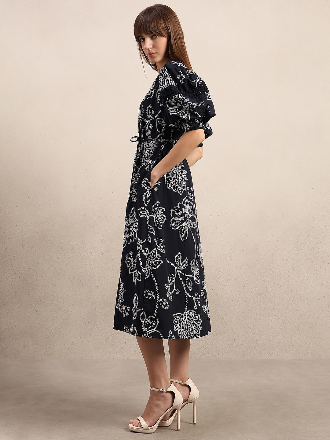 Navy Blue Printed Midi Dress